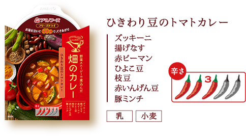 ひきわり豆のトマトカレー（ズッキーニ、揚げなす、赤ピーマン、ひよこ豆、枝豆、赤いんげん豆、豚ミンチ）（乳）（小麦）