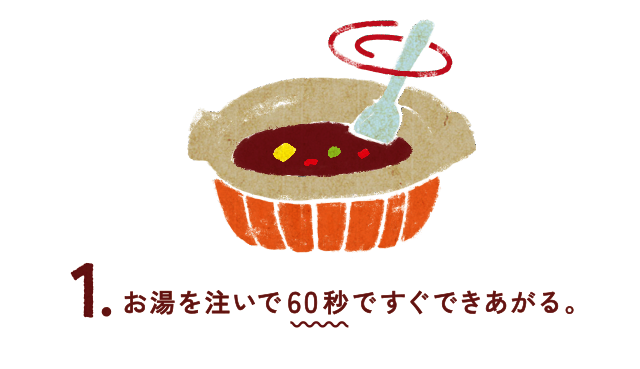 1.お湯を注いで60秒ですぐできあがる。